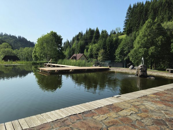 Badeteich mit Holzsteg und Steinbrunnen 