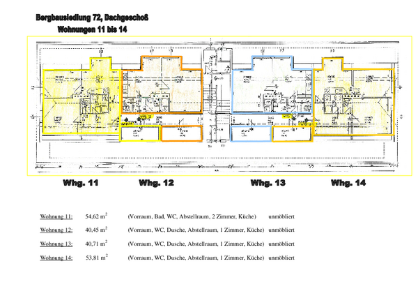 Bauplan der Wohnungen 11 bis 14 in der Bergbausiedlung Nr. 72