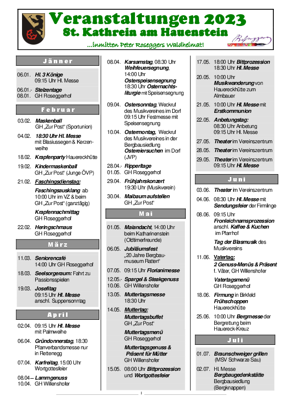 Veranstaltungskalender 2023 der Gemeinde St. Kathrein am Hauenstein