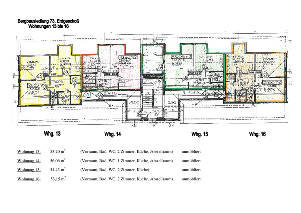 Bauplan der Wohnungen 13 bis 16 in der Bergbausiedlung Nr. 73